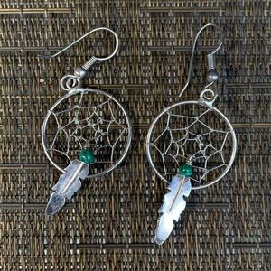 Sterling Silver Dreamcatcher Earrings with Green Bead